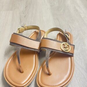 Michael Kors Cognac Leather T-Strap Sandals with Gold Logo